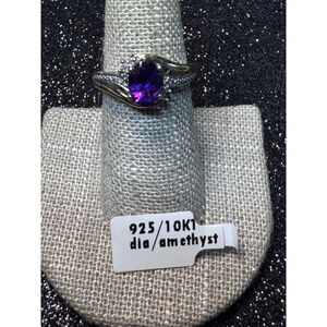 925 Sterling Silver 10K Gold Amethyst and Diamond Bypass Ring Size 6.5